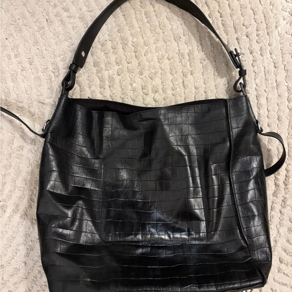 All Saints Black Croc-Embossed Shoulder Bag